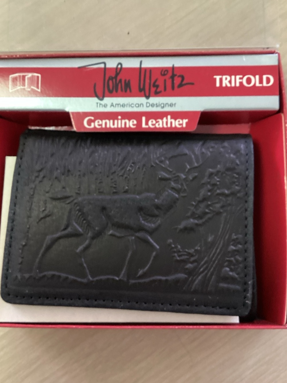 John Weitz Genuine Leather Embossed Black Wallet Moose theme Trifold